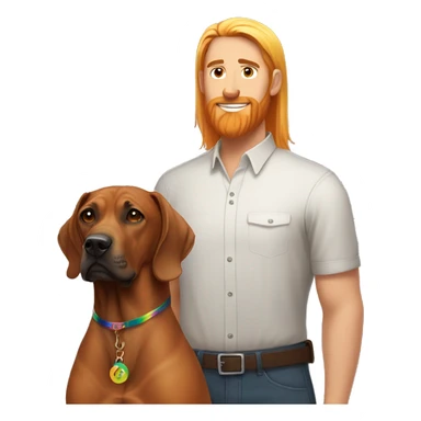 white male with long rainbow colored hair standing alongside a brown rhodesian ridgeback sticker