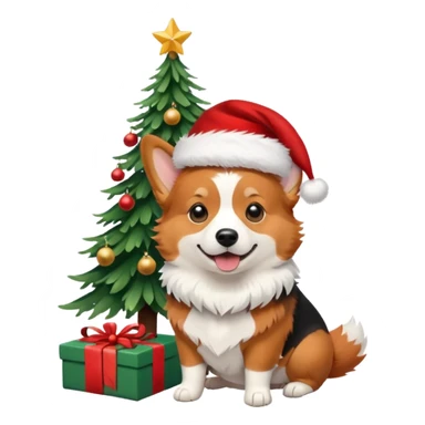tricolor (black and red head) corgi with santa hat on and christmas tree near sticker