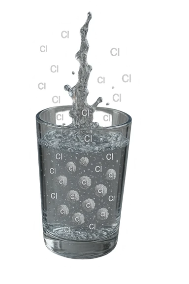 un bicchiere di acqua cade verticalmente dall'alto realistico e dettagliato, dentro l'acqua del bicchiere ci sono particelle di cloro ben visibili con la scritta "Cl" sopra, ci sono particelle anche che escono dal bicchiere e fluttuano in aria verticalmente, mentre alcune sono all'interno dell'acqua nel bicchiere, iperrealistico 4k sticker