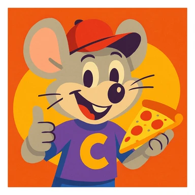 Chucky Cheese inspired character, cartoon mouse mascot, red hat, friendly smile, pizza theme, vibrant colors, cartoon style sticker