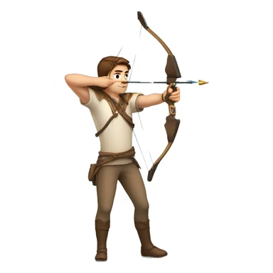 a male archer aiming with a bow looking at his target, brown hair, bright skin, sticker
