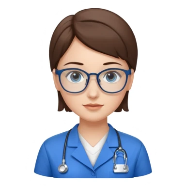Blue eyes short brown hair with glasses woman in care assistant blue uniform sticker