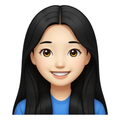 Korean girl with long black hair, black eyes, smiling, emoji style sticker