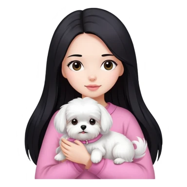 Beautiful girl with long straight black hair, fair skin, wearing pink clothes, holding a pure white fluffy Maltese dog sticker