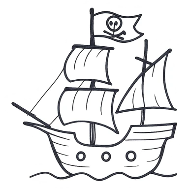 pirate ship, hand drawn icon style, sketchy black lines, no fill, no text sticker