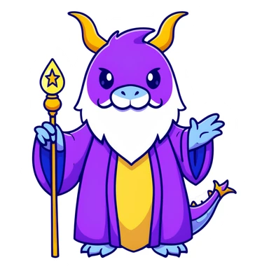 A wise old dragon wizard with a long beard, starry purple robes, and a glowing magic staff sticker