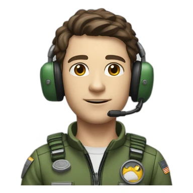 A young white male tennager with a thin face with dark brown hair and brown eyes in a pilot suit and wearing a green Pilot headset sticker