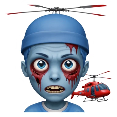 Zombie boy, with a blue face, blue eyes, brown hair and eyebrows, a sticking out fang, a bloody scratch on his face and a helicopter cap sticker