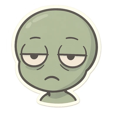 cute cartoon alien head showing boredom, chibi stickers style, muted colors, half-closed eyes, uninterested expression sticker