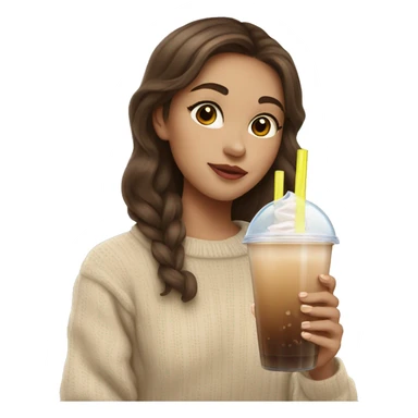 girl with brown hair in beige sweater drinking a bubble tea sticker