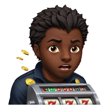 disheveled Black Panther losing money at a slot machine, panicked face, coins flying sticker