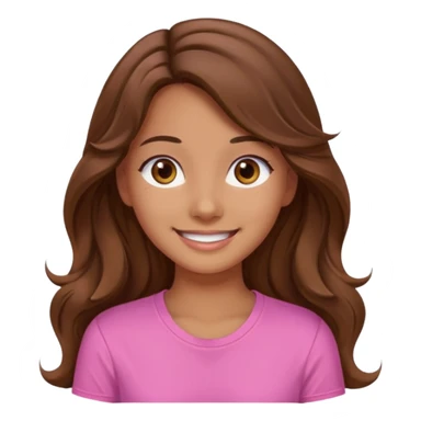 A pretty girl with tan skin and long wavy hair, wearing a pink basic shirt with brown eyes sticker