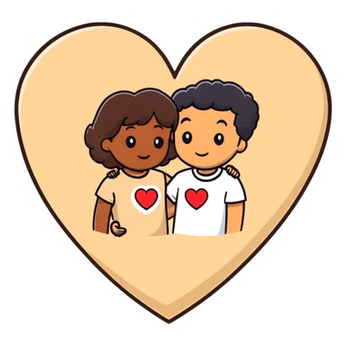 A couple with dark brown hair and mixed skin tone inside a white heart, wearing beige clothes sticker