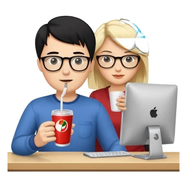 Hombre blanco con gafas, pelo negro tomando un refresco frente a un ordenador con ropa de sport, en la pantalla del ordenador una mujer rubia tomando café sticker