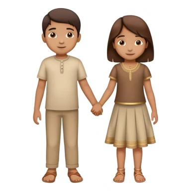 two Indian children (boy and girl) holding hands, boy lighter brown, girl medium brown, both age 5-6, simple background sticker