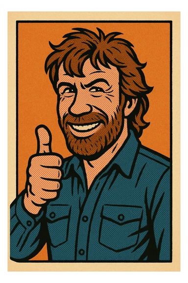 caricature of Chuck Norris, thumbs up gesture, wild hair, confident grin, cartoonish and lively sticker