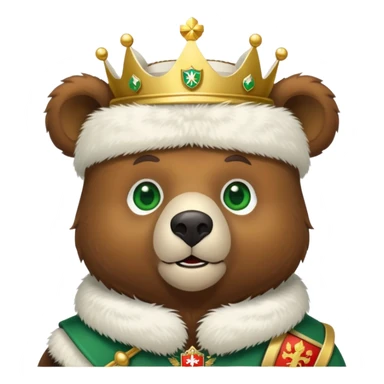 Adorable brown bear with green eyes, white furry ushanka, detailed Russian Federation emblem with golden double-headed eagle, three crowns, scepter and orb, St. George on chest shield, minimalist iOS emoji style sticker