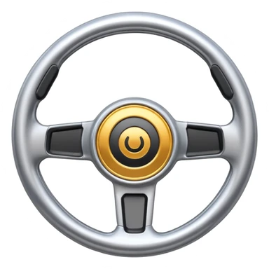 A futuristic steering wheel emoji made of silver chrome, minimal geometric design, smooth metallic surface, soft reflections, iOS emoji style, centered, clean white background sticker
