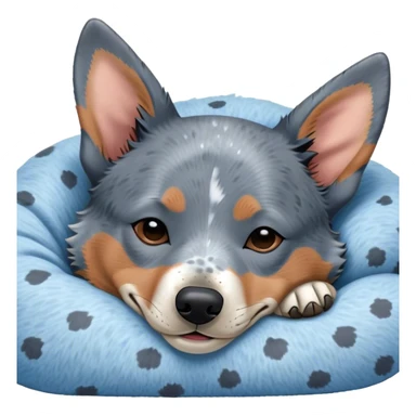 Meme-Worthy Cute Sleeping Blue Speckle Australian Cattle Dog Portrait Emoji, Head resting peacefully with a contented smile, showcasing a robust build and a luxuriously soft blue speckle Fur, eyes shut in a serene nap, Simplified yet hilariously adorable features, highly detailed, glowing with a soft, drowsy light, high shine, relaxed and utterly lovable, stylized with an air of playful laziness, bright and heartwarming, soft glowing outline, capturing the essence of a comically sleepy herder, so meme-worthy it feels like it could instantly become the next viral sensation of adorable slumber! sticker