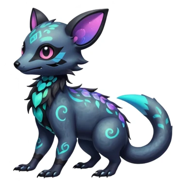 Rare neon iridescent white exotic cute epic aesthetic gothic colorful Salandit-Eevee-Civet-species-Fakemon-hybrid-creature, with intricate tattoo markings, full body sticker