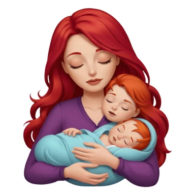 White woman with long red hair and makeup holding a sleeping baby sticker