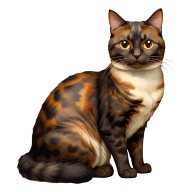 Cinematic Noble Tortoiseshell Cat Portrait Emoji, Poised and dignified, showcasing a luxurious, mottled fur of rich browns and blacks, with elegantly arched whiskers and a determined yet gentle expression, simplified yet meticulously detailed, glowing with a subtle, regal radiance, high shine, embodying quiet nobility and refined charm, soft glowing outline, capturing the essence of a sophisticated tortoiseshell cat exuding quiet authority! sticker