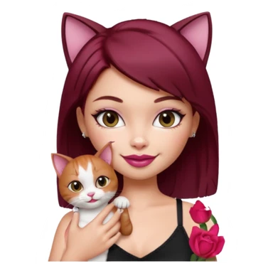 generate a pretty bratz girl with short dark red hair holding a cat smiling. Wearing a black cami sticker