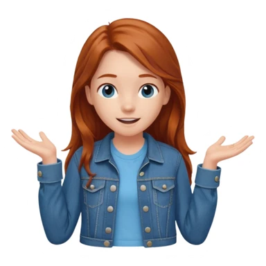 shrugging happy emoji tween long auburn hair light blue shirt with a darker blue L sticker