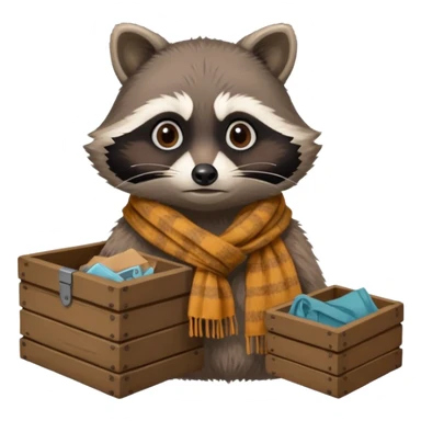 A raccoon with worn-out scarf, sitting next to a tiny box of collected belongings, staring curiously with round sad eyes.
 sticker
