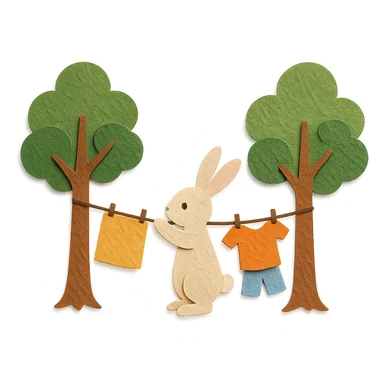 bunny hanging laundry between trees, calming domestic forest feel, paper craft style, flawless, high quality, no imperfections sticker