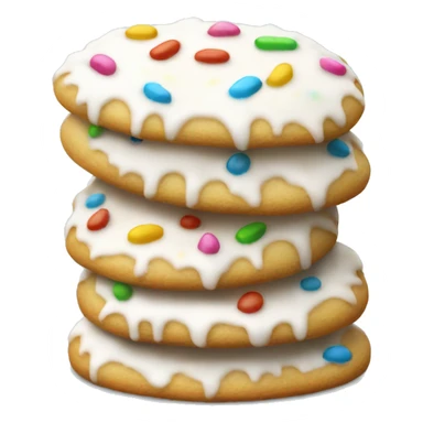 side view, pile of white iced christmas cookie with sprinkles sticker