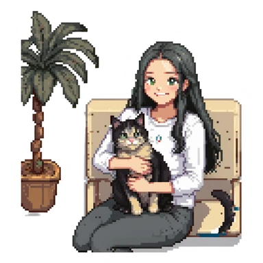 beautiful girl with long black hair smiling petting a gray and blonde mixed cat on her lap, pixel art style sticker