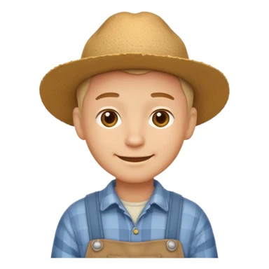 A calm, friendly male cartoon character with light skin, simple farm clothes, warm smile, stylized as a cute, readable emoji icon with soft earthy color sticker