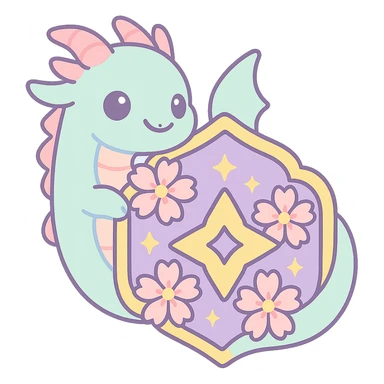 Add a stylized anime-inspired elegant and dynamic dragon wrapping around or behind the badge, keeping the same Japanese crest shape, gold border, sakura flowers, ninja star, and sparkly effects. The style should be anime-inspired, fitting the kawaii style with a transparent background. Sized for Twitch or Discord use. sticker