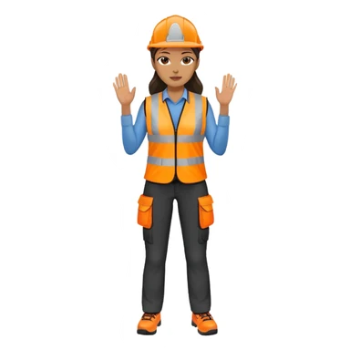 female, orange, hi-vis vest, dark trousers, no helmet, shoes, hand raised sticker