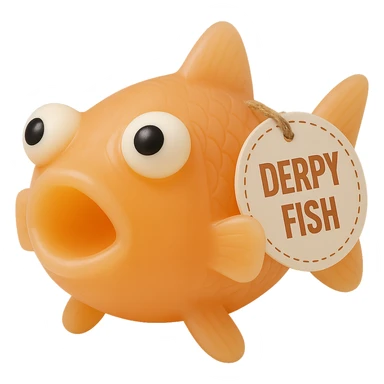 Make the Derpy Fish with the tag look exactly like the second fish in color, transparency, and detail, but keep the original pose and tag from the first image. It should have a retro 90's toy look with derpy eyes, soft plastic texture, soft reflections, soft and squishy appearance, some cloudiness, not shiny, highly detailed and appealing. Match the color and transparency of the second image as closely as possible. Remove the background. sticker