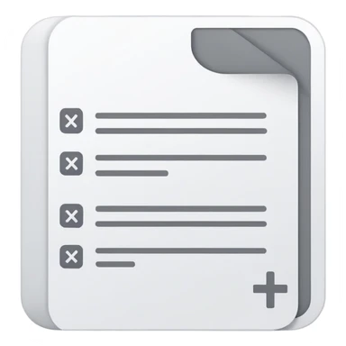 white document with rounded corners, gray plus sign in top left, three gray lines below as text, minimalist flat design sticker