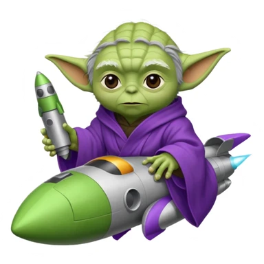 yoda in a purple robe siting in a rocket sticker