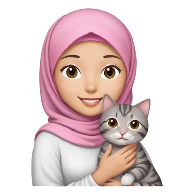 Asian White girl wearing pink hijab and white dress holding a black grey tabby cat while smiling.  sticker