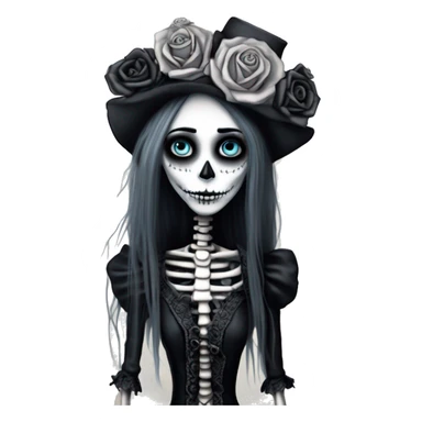 full height skeleton, tim burton "corpse bride", thin porcelain doll with a cracked face, goth makeup watery eyes, long hair, lace and ruffles, lolita style, inked, black and white, red roses, gothic castle with roses sticker