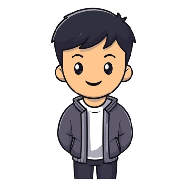 Asian man with short black hair, friendly smile, Josh Lim character sticker
