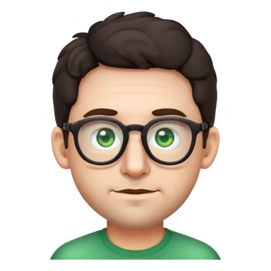 simple male emoji with poofier slightly curly dark hair, big ears, pale skin, glasses, green eyes, light stubble sticker