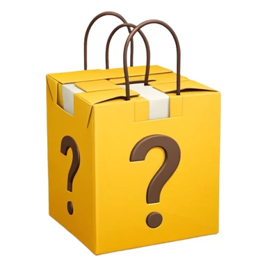 White bag with yellow questions mark cube boxes stuffed in it sticker