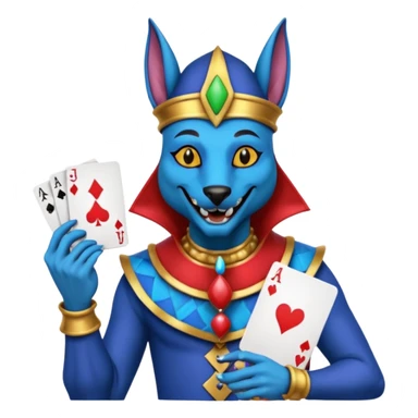 crazy colorful anubi jolly joker from poker, medieval, vintage, court jester, mac os icon, blue color, holds a single poker card on the right paw sticker