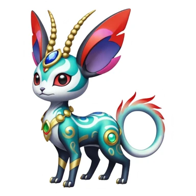 Shiny Horned Antenna’d Colorful Futuristic Ornate Oriental Painted Asian Fae-Vernid-Trico-Meloetta-Latias-Koraidon-Peppercat-Protogen-Pokémon-Digimon-Fakémon-fusion-hybrid-creature sticker