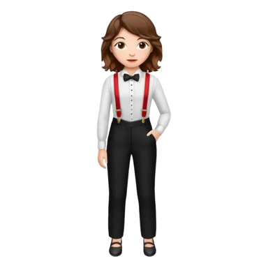 Woman with wavy brown hair and hazel eyes wearing black tuxedo pants with red suspenders sticker