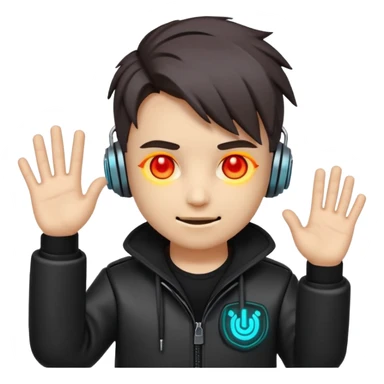 Chibi cyberpunk hacker emoji with glowing eyes, shaking head “no” and waving stop hand, friendly anti-scam message, text “NO SCAMS”, smooth looping animated sticker, bright neon colors, transparent background, Discord emoji style. sticker
