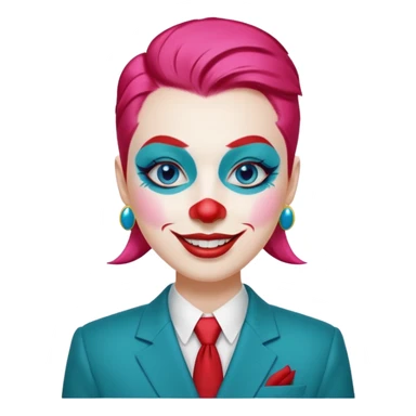 Pink slicked-back hair.

White face paint with blue eyebrows and eye makeup.

Big red nose and wide smile with red lipstick.

Wearing a teal suit with a yellow shirt and red buttons. sticker