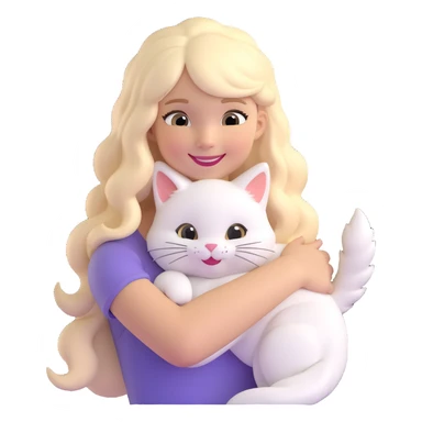 smiling girl with long blonde hair, white fluffy cat curled around her neck and left shoulder, emoji for messaging apps sticker