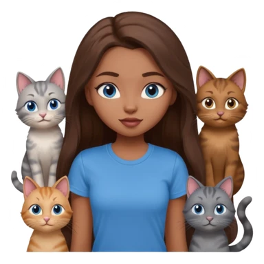 a pretty bratz dusky girl with long brown hair, blue eyes with six cats nd wearing a grey tshirt sticker